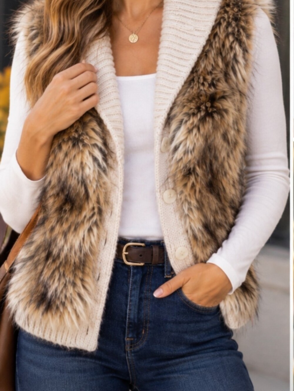 Ann Taylor Faux Fur Trim Chunky Knit Cardigan Sweater Vest Cream Size L